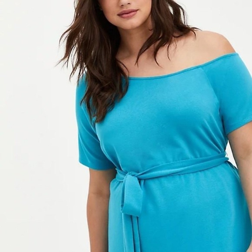 Torrid Callie Teal Blue Off Shoulder French Terry T Shirt Mini Dress 1X NEW